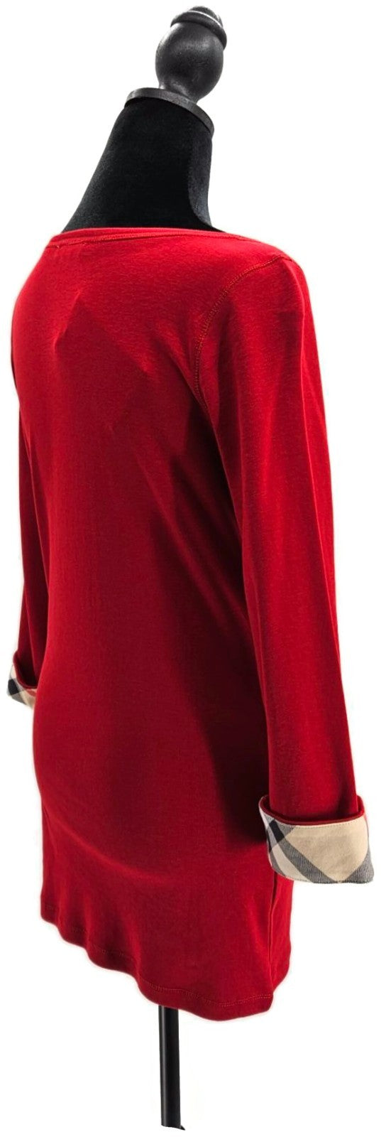 Burberry Brit Red Top Nova Check Cuff Scoop Neck 3/4 Sleeves Womens Sz Large NWT6