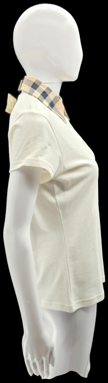 Burberry White Check Collar Short Sleeve Polo Shirt Women's Medium NWT6