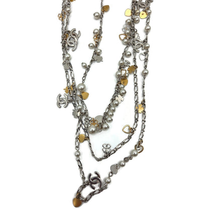 Chanel CoCo Three Strand Chain Faux Pearl Hearts Clover CC Logo Charm Necklace15