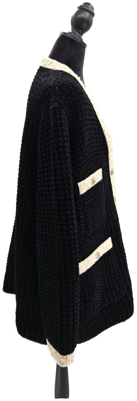 CHANEL Black White Wool Blend CC Button Cardigan Size 446