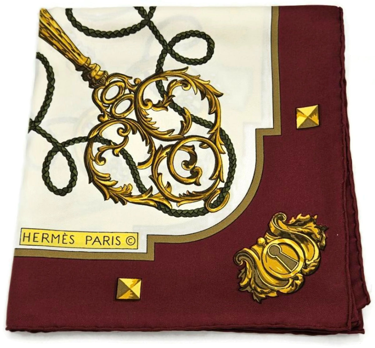Hermes Carre 90 Silk Scarf Les Cles Caty Latham Burgundy Gold Keys Wrap w/ Box5