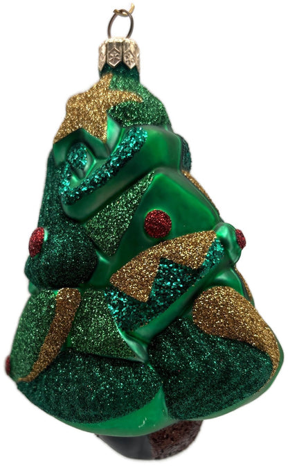 Patricia Breen Cubist Tree Green Red Gold Star Glittered Christmas Ornament 99087