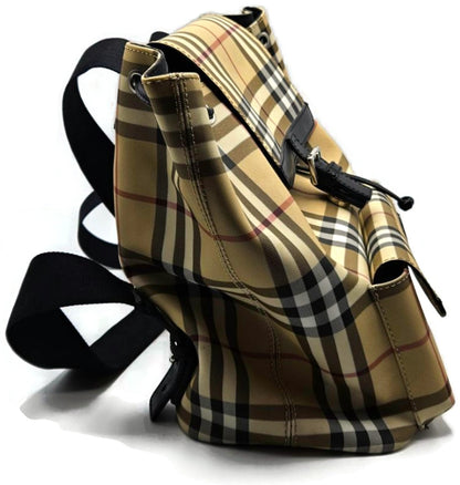 Burberry Check Drawstring Backpack Beige Black Trim Front Pocket Rucksack2