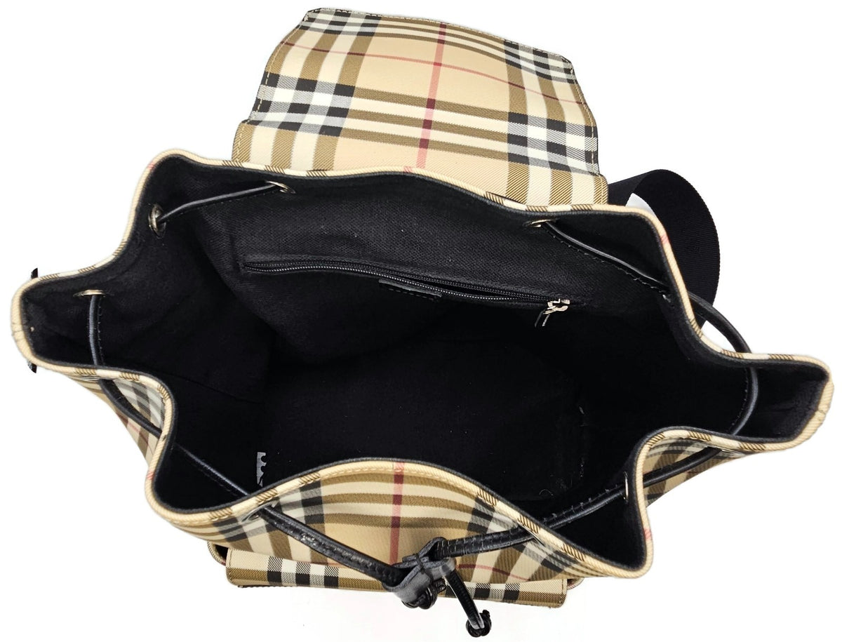Burberry Check Drawstring Backpack Beige Black Trim Front Pocket Rucksack8