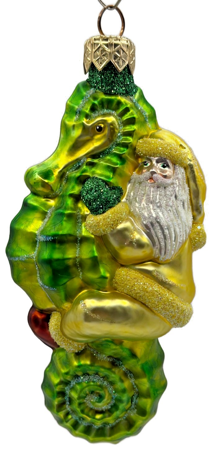 Patricia Breen Hi Ho Santa Yellow Green Seahorse Glass Christmas Ornament 99149