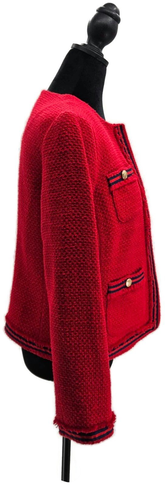 Talbots Women's Red Cotton Tweed Jacket Black Trim Patch Pockets Size 6 NWT6