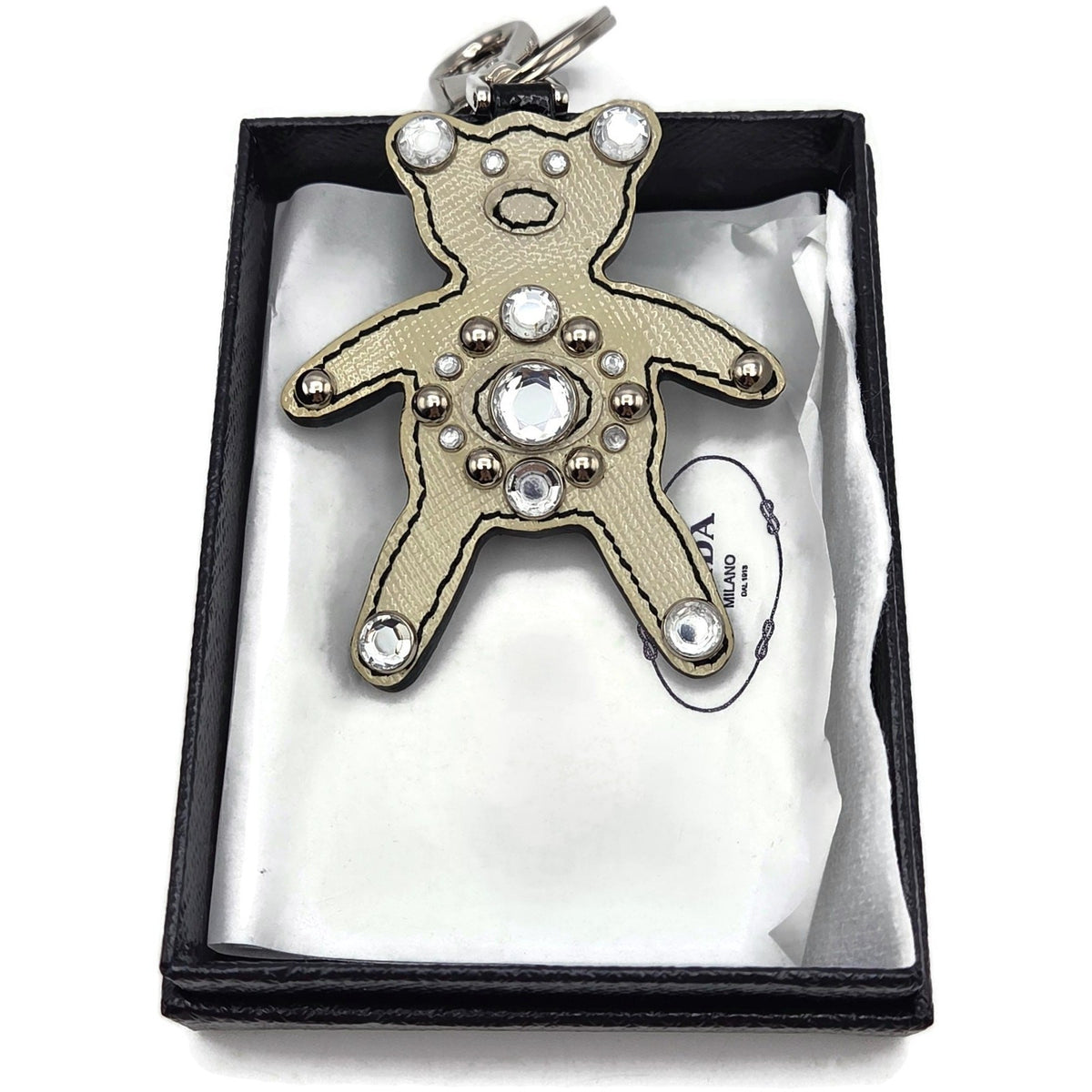 Prada Teddy Bear Keychain Bag Charm Beige Black Saffiano Leather w/ Crystals Box1