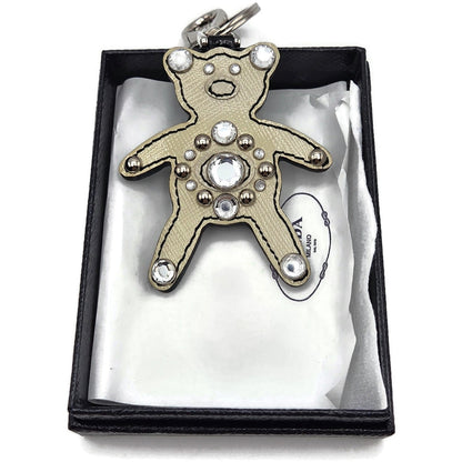 Prada Teddy Bear Keychain Bag Charm Beige Black Saffiano Leather w/ Crystals Box1