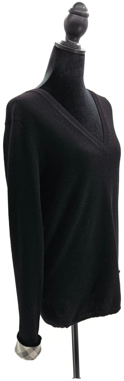 Burberry Brit Cashmere V Neck Sweater Black Plaid Check Cuff Pullover Sz Medium7