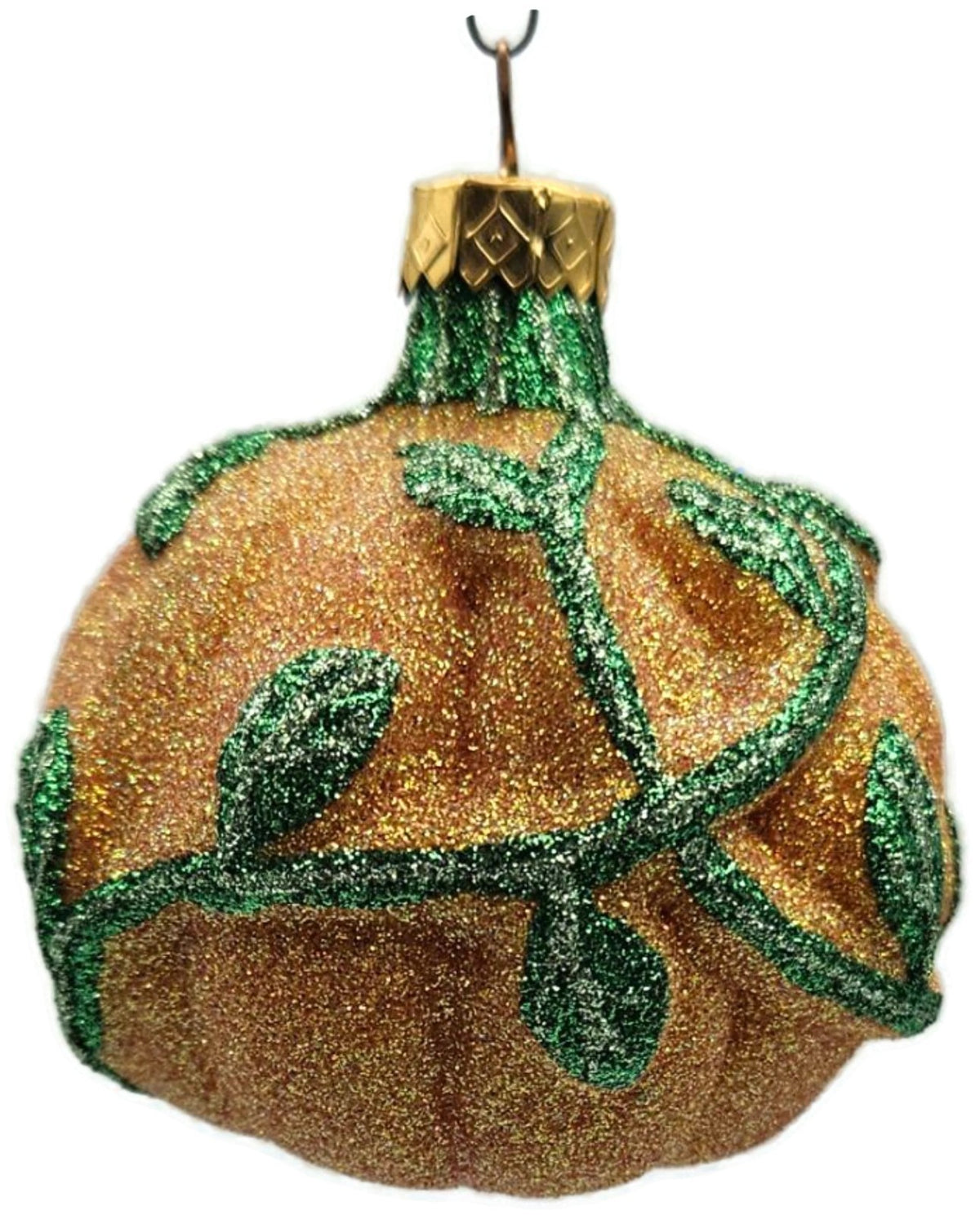 Vintage Pumpkin & Vine Orange Green Glitter Blown Glass Fall Christmas Ornament3