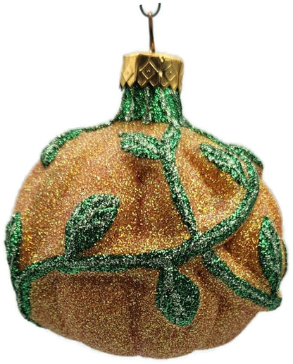 Vintage Pumpkin & Vine Orange Green Glitter Blown Glass Fall Christmas Ornament3