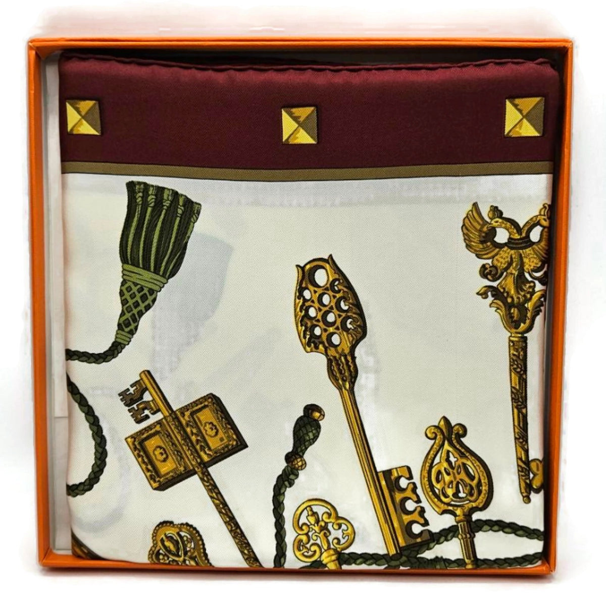 Hermes Carre 90 Silk Scarf Les Cles Caty Latham Burgundy Gold Keys Wrap w/ Box10