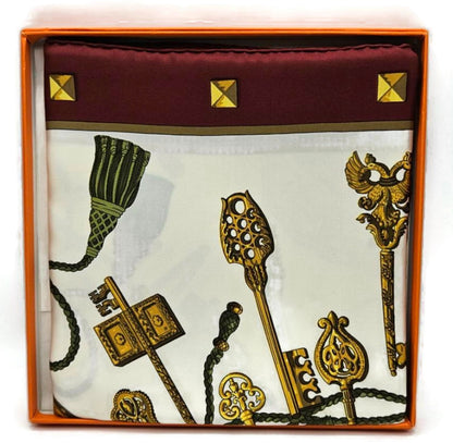 Hermes Carre 90 Silk Scarf Les Cles Caty Latham Burgundy Gold Keys Wrap w/ Box10