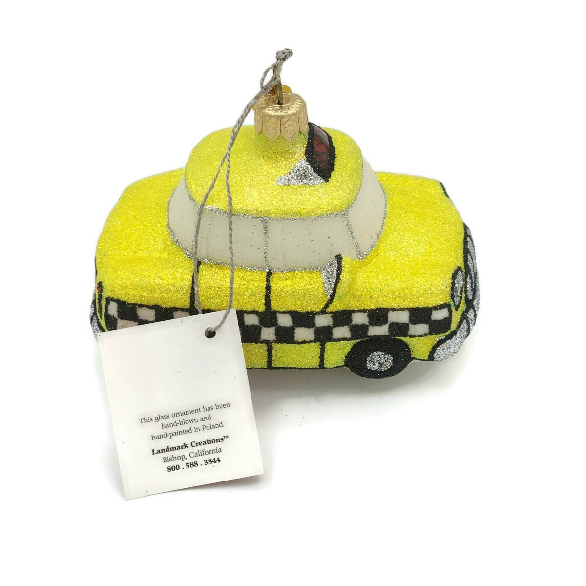 Landmark Creations Yellow Taxi Cab Car Checkered Christmas Holiday Ornament2