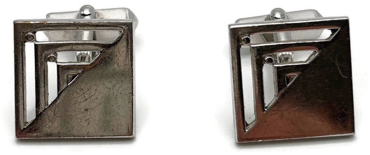 Swank Signed Men's Cuff Links Set Silver Tone Square Modernist Geometric Cutout0