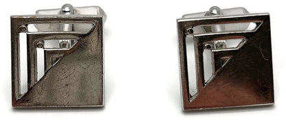 Swank Signed Men's Cuff Links Set Silver Tone Square Modernist Geometric Cutout0