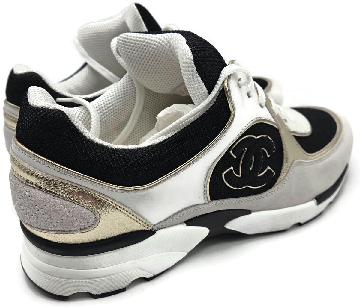 Chanel CC Low Yop Sneakers Size 40 Black White Gold Leather Tennis Shoes Rare2