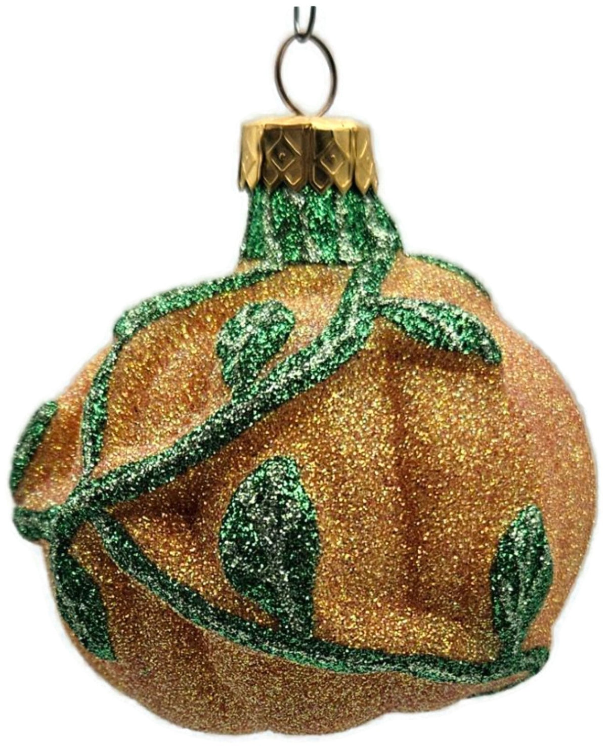 Vintage Pumpkin & Vine Orange Green Glitter Blown Glass Fall Christmas Ornament4