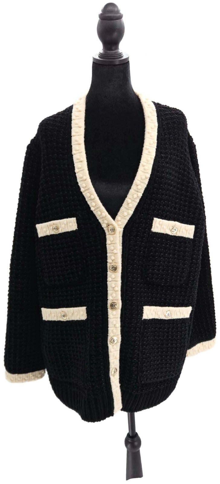 CHANEL Black White Wool Blend CC Button Cardigan Size 440