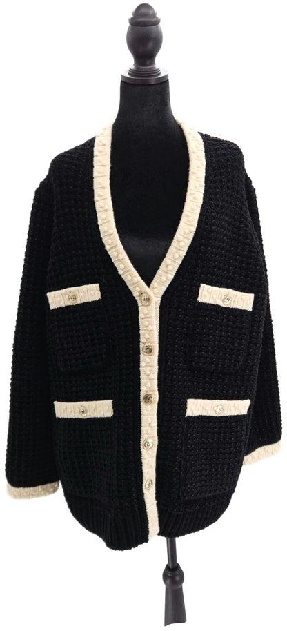 CHANEL Black White Wool Blend CC Button Cardigan Size 440