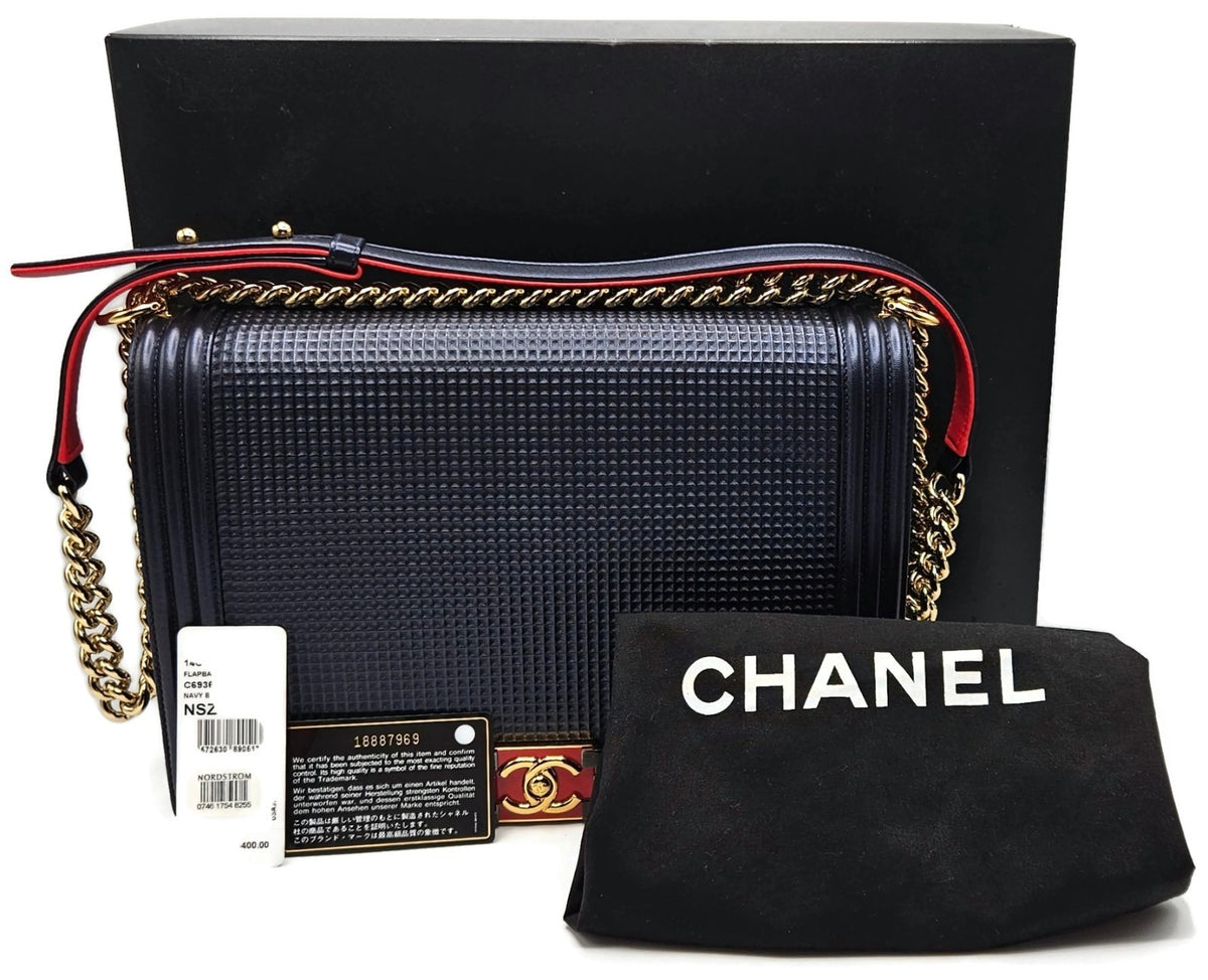 CHANEL Large Boy Flap Bag Navy Blue Calfskin Leather Gold Hardware Shoulder Bag0