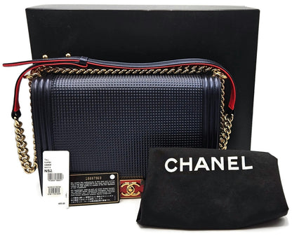 CHANEL Large Boy Flap Bag Navy Blue Calfskin Leather Gold Hardware Shoulder Bag0