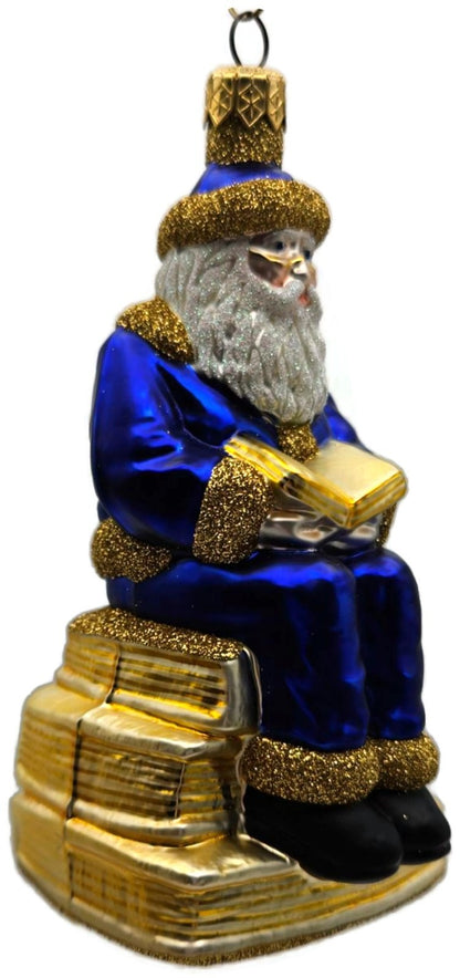 Patricia Breen Santa Reads Blue Glittered Top Of Books Christmas Ornament 99312