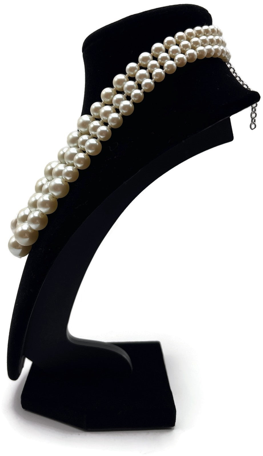 925 Marked 3 Strand Cream Pearl-Look Choker Necklace Oval Centerpiece 16in6
