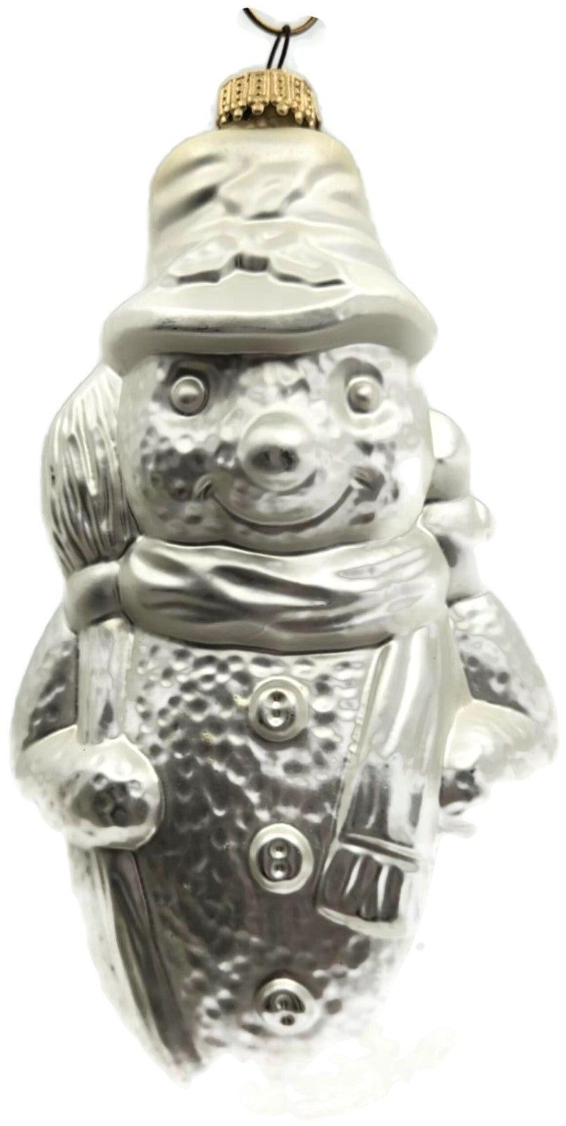 Silver Snowman With Broom Figural Glass Christmas Ornament 6.250