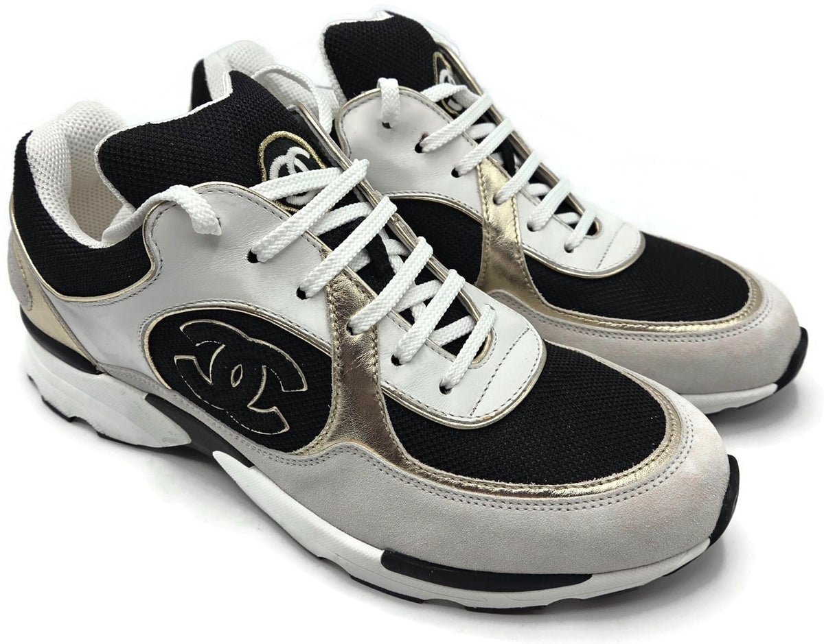 Chanel CC Low Yop Sneakers Size 40 Black White Gold Leather Tennis Shoes Rare0