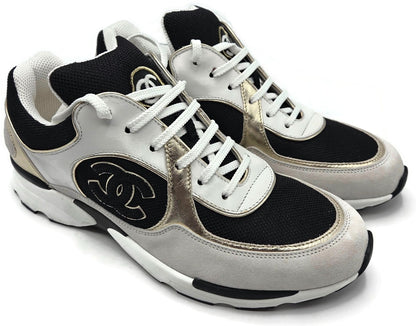 Chanel CC Low Yop Sneakers Size 40 Black White Gold Leather Tennis Shoes Rare0