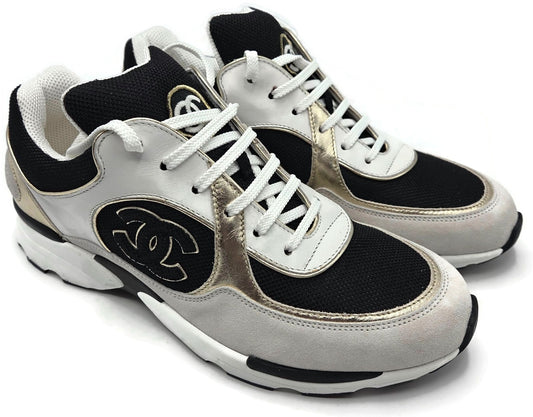 Chanel CC Low Yop Sneakers Size 40 Black White Gold Leather Tennis Shoes Rare0