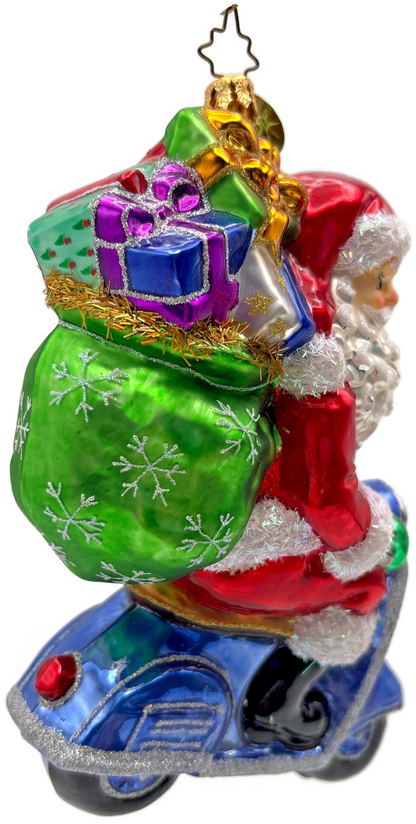 Christopher Radko Roaming Holiday Santa Scooter Glass Christmas Ornament 10141042