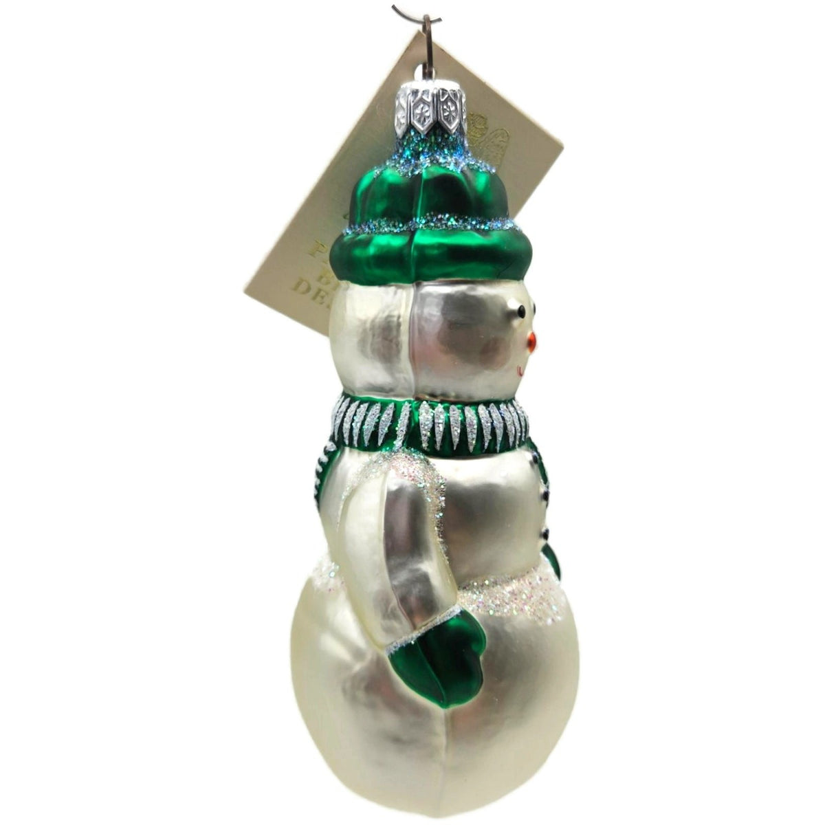 Patricia Breen Snowman Green Pearl White Striped Glass Christmas Ornament 95232