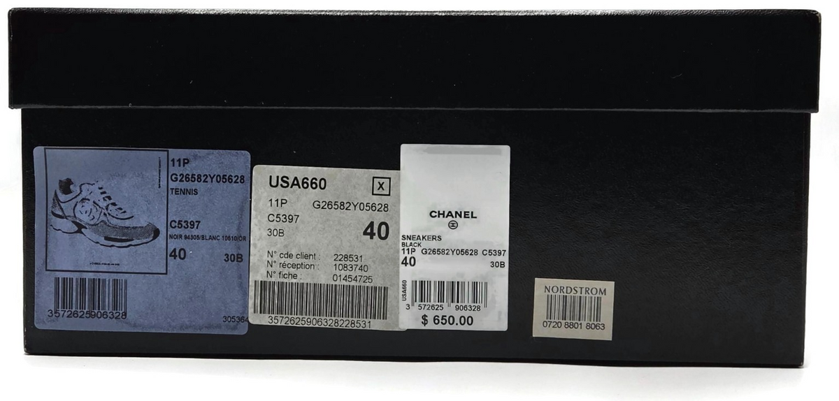 Chanel CC Low Yop Sneakers Size 40 Black White Gold Leather Tennis Shoes Rare14