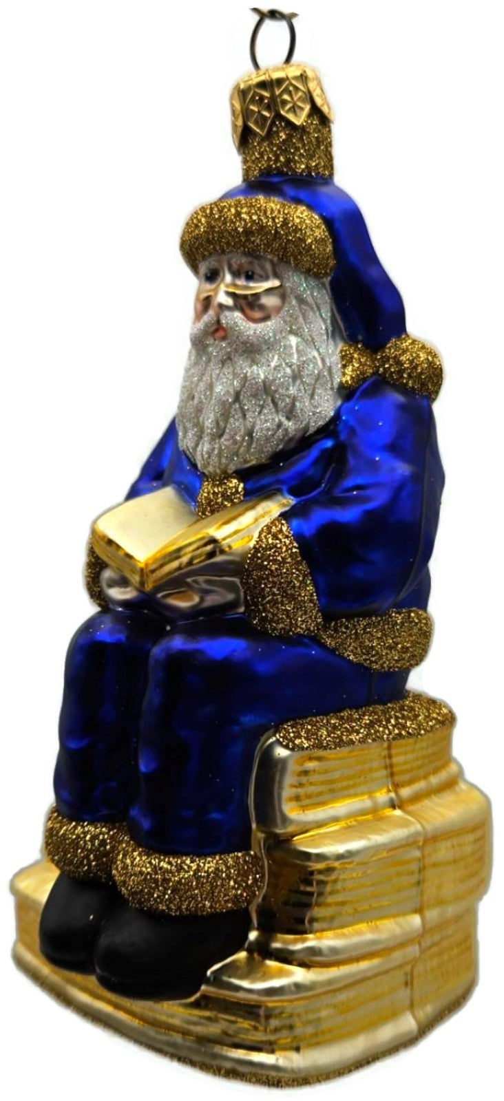 Patricia Breen Santa Reads Blue Glittered Top Of Books Christmas Ornament 99318