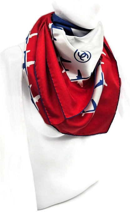 Chanel 16S Airport Airline CC Logo Silk Square Scarf Red White Lagerfeld NWT4