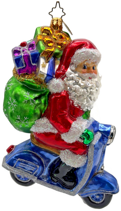 Christopher Radko Roaming Holiday Santa Scooter Glass Christmas Ornament 10141040