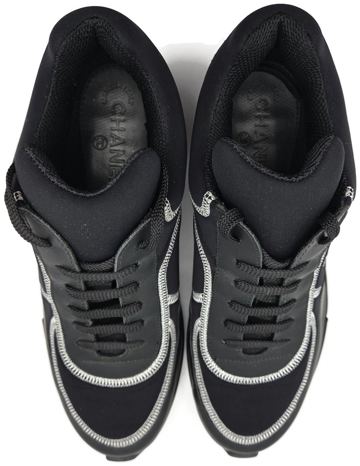 Chanel CC Low Top Sneakers Black Leather Platform Athletic Shoes Women Size 40.58