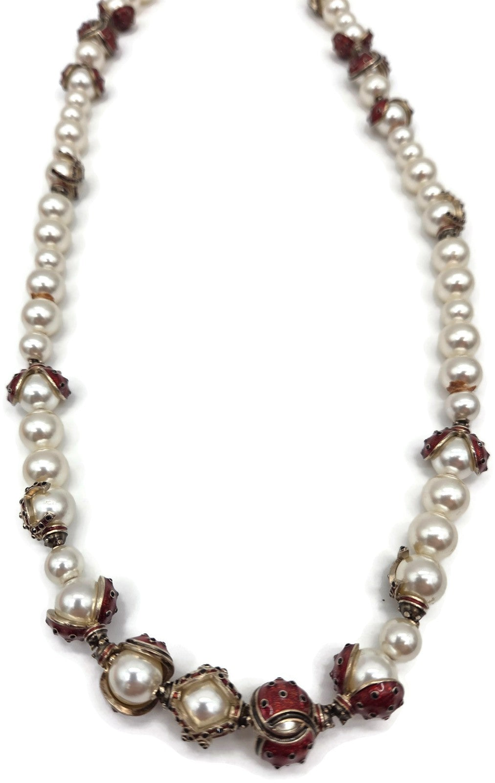 Chanel 18P Ladybug Faux Pearl Red Enamel Crystal Necklace Gold Tone Box Pouch7