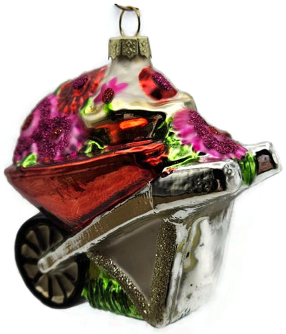 Floral Wheelbarrow Garden Flowers Blown Glass Christmas Holiday Tree Ornament4