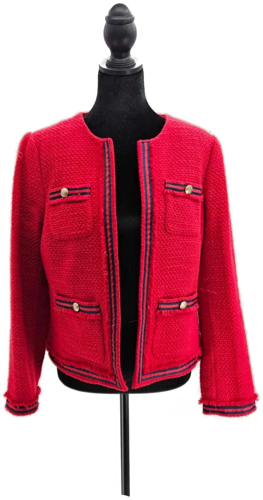 Talbots Women's Red Cotton Tweed Jacket Black Trim Patch Pockets Size 6 NWT0