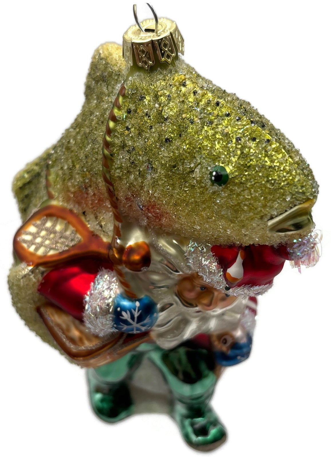 Santa Carrying Giant Rainbow Trout Glass Christmas Ornament Fishing2