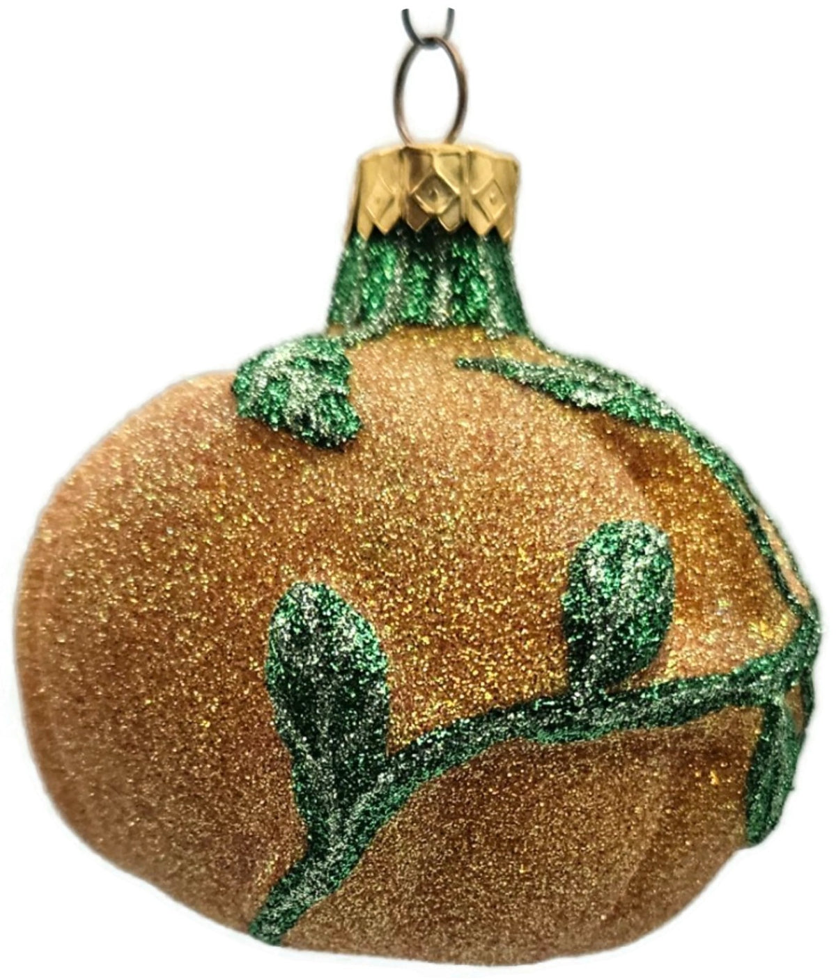 Vintage Pumpkin & Vine Orange Green Glitter Blown Glass Fall Christmas Ornament7