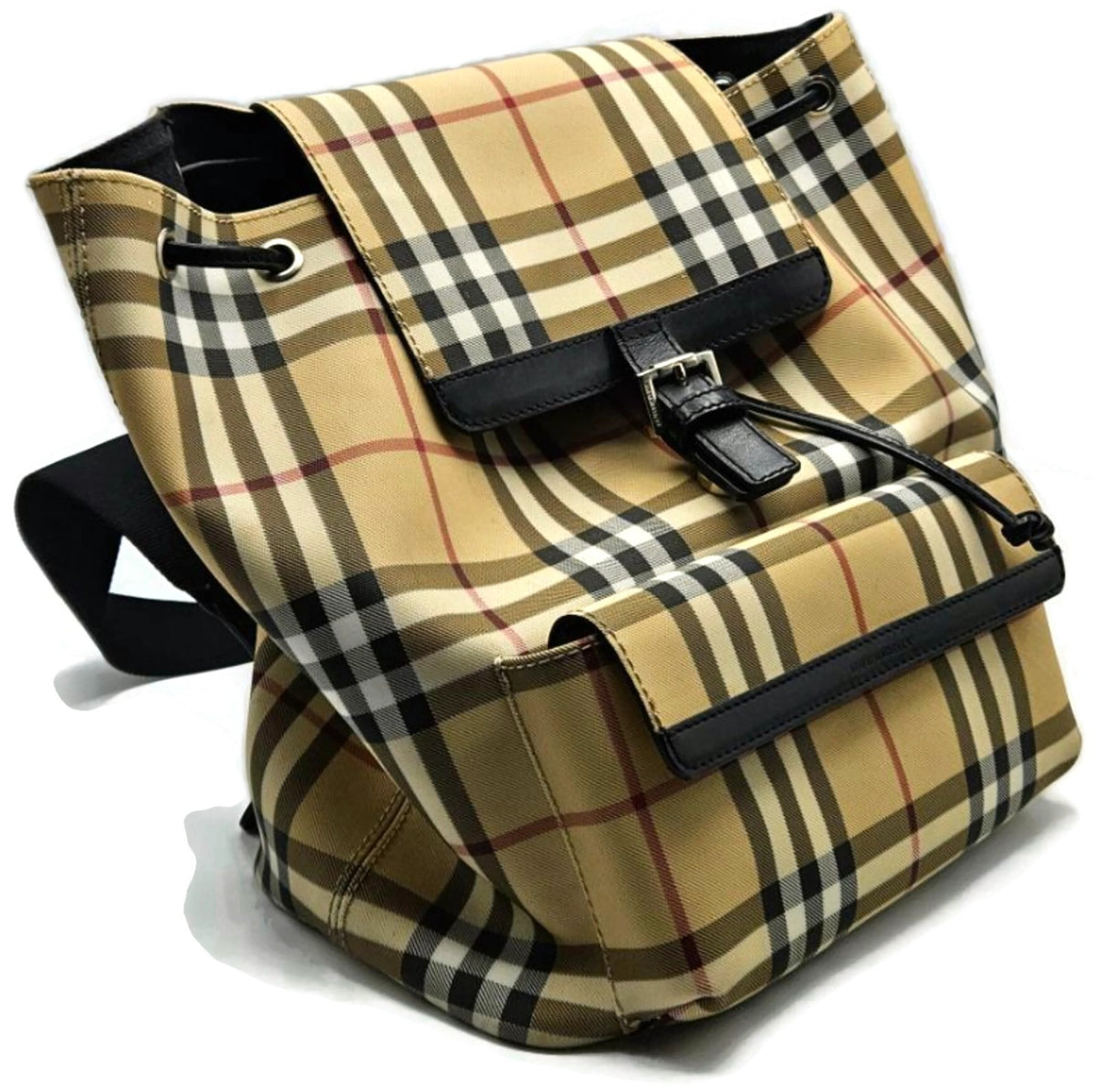Burberry Check Drawstring Backpack Beige Black Trim Front Pocket Rucksack1
