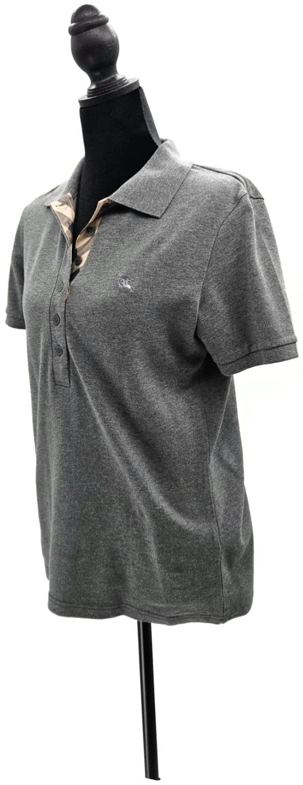 Burberry London Grey Melange Nova Check Placket Polo Shirt Women's M Stretch7