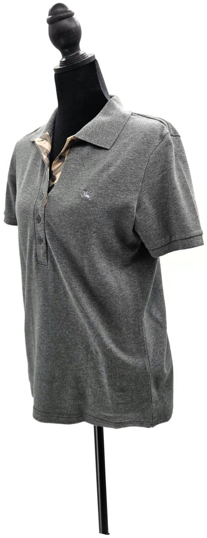 Burberry London Grey Melange Nova Check Placket Polo Shirt Women's M Stretch7