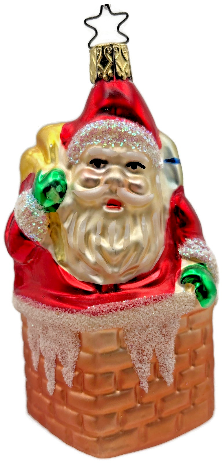 Busy Santa in Chimney Glitter Ornament Old World Christmas By Inge Glas 41260