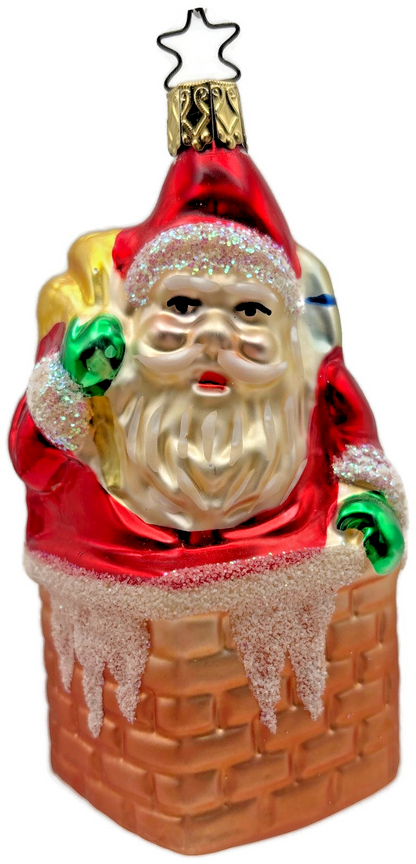 Busy Santa in Chimney Glitter Ornament Old World Christmas By Inge Glas 41260