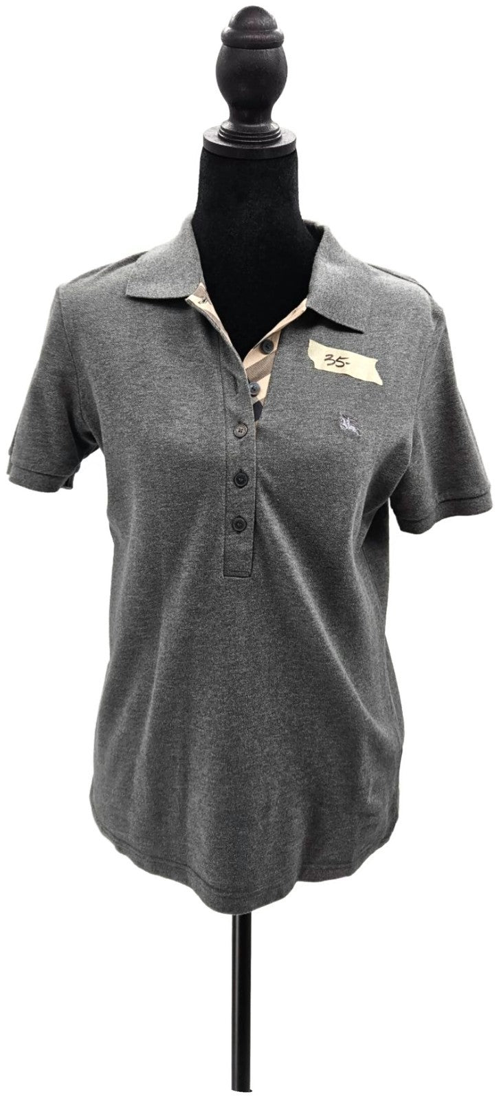 Burberry London Grey Melange Nova Check Placket Polo Shirt Women's M Stretch1